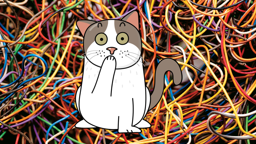 Kat tussen een hele kluwen draden als afbeelding bij een artikel over een fout in de database